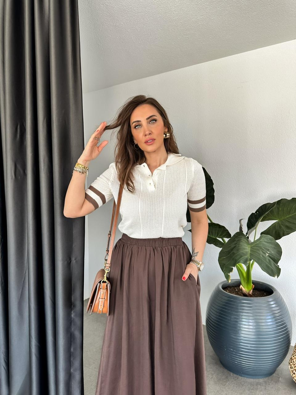 Krem Polo Yaka Şeritli Triko
