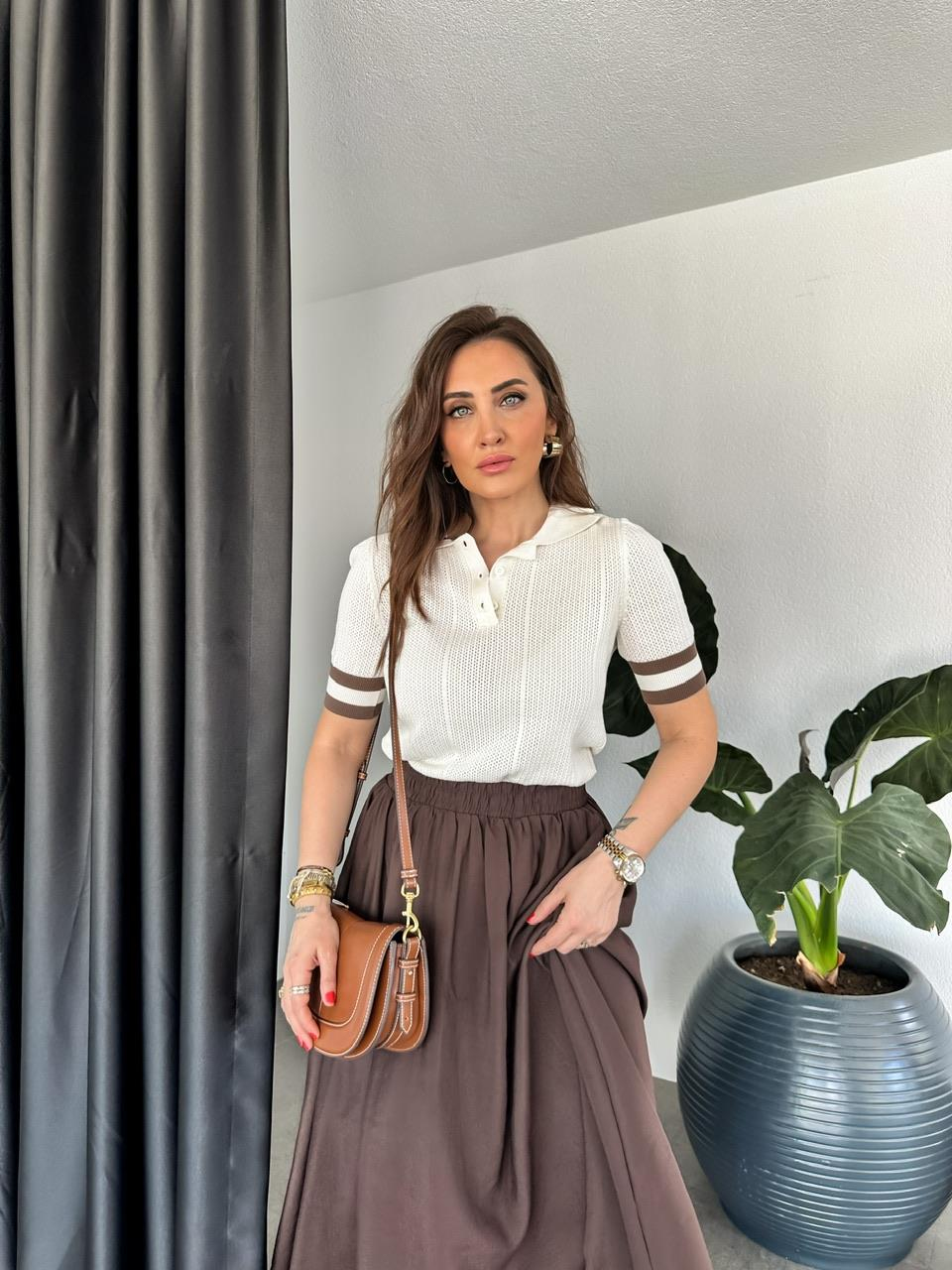 Krem Polo Yaka Şeritli Triko