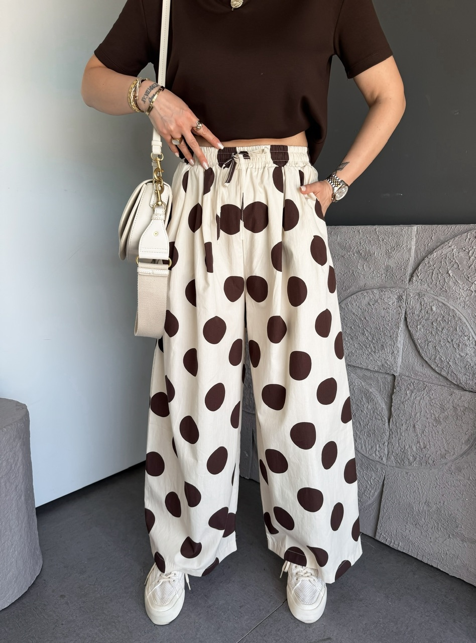 Krem Puantiyeli Beli Lastikli Poplin Pantolon