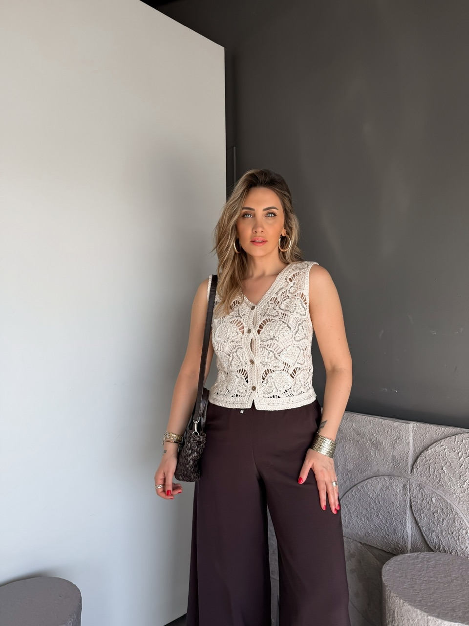 Krem Pullu Yaprak Desen Merserize Yelek