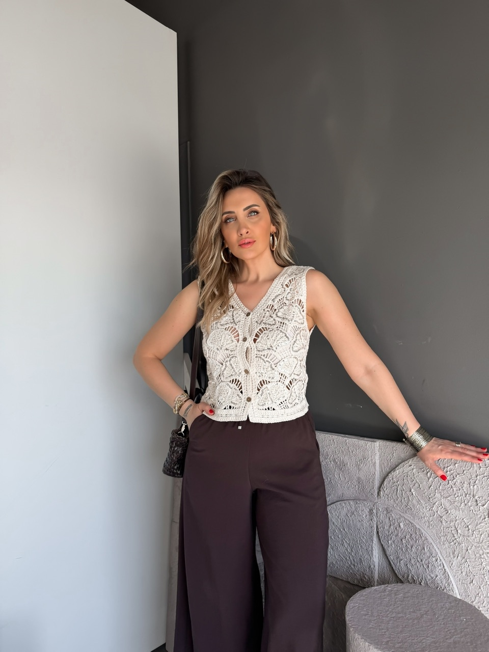 Krem Pullu Yaprak Desen Merserize Yelek