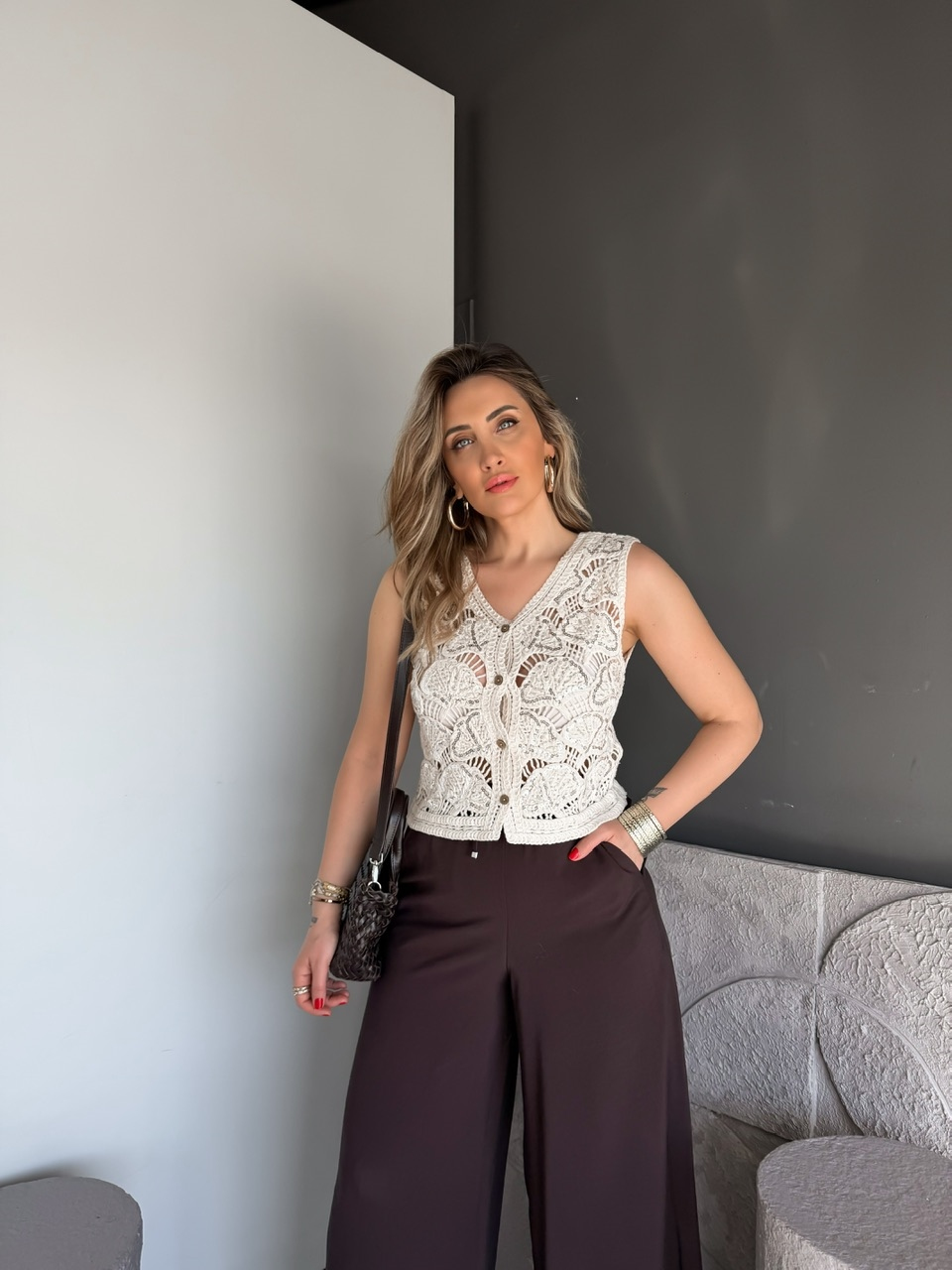Krem Pullu Yaprak Desen Merserize Yelek