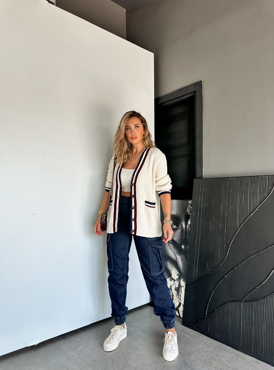 Krem Şeritli Selanik Hırka