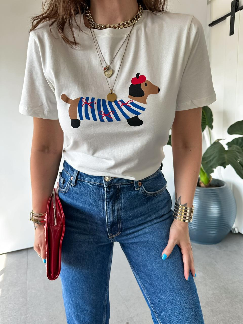 Krem Sevimli Köpek Baskılı Tshirt