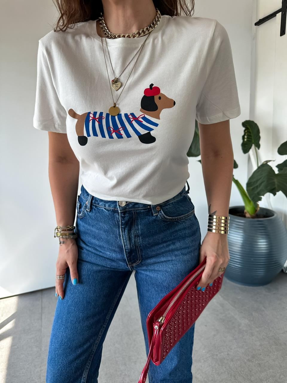Krem Sevimli Köpek Baskılı Tshirt
