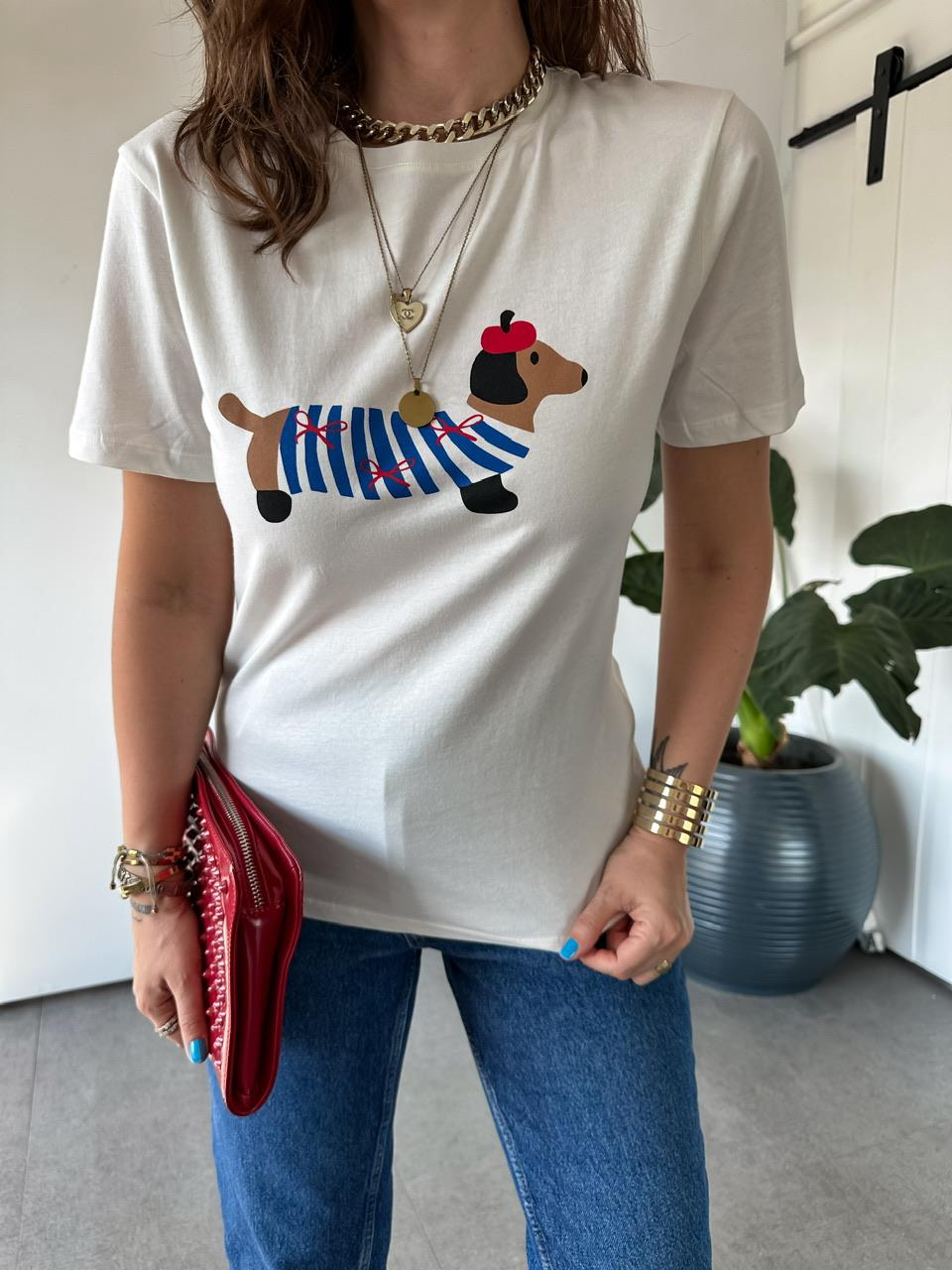 Krem Sevimli Köpek Baskılı Tshirt