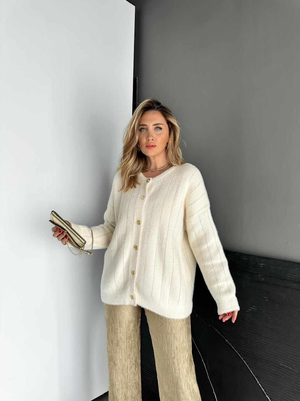 Krem Simli Gold Düğmeli Hırka