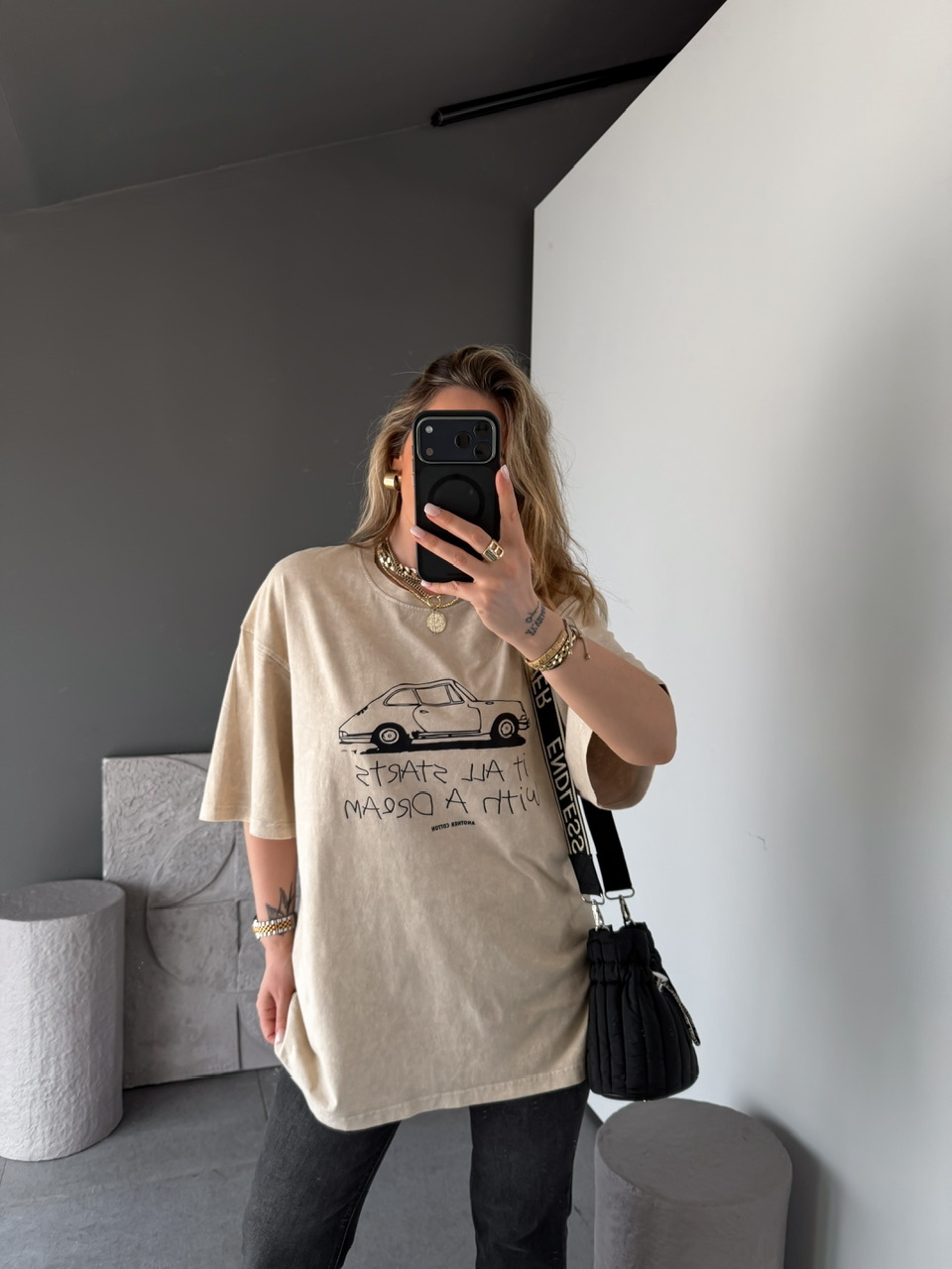 Krem Starts Arabalı Yıkamalı Tshirt