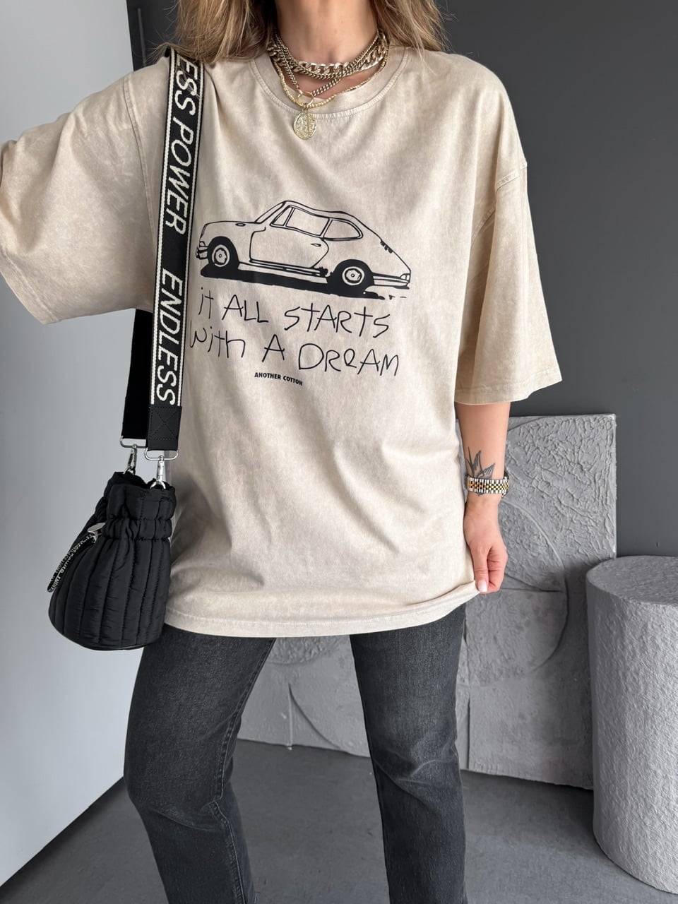 Krem Starts Arabalı Yıkamalı Tshirt