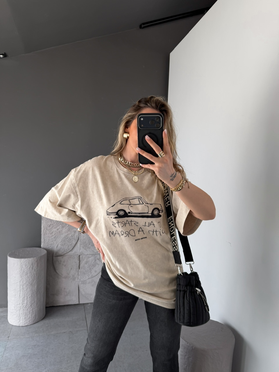 Krem Starts Arabalı Yıkamalı Tshirt