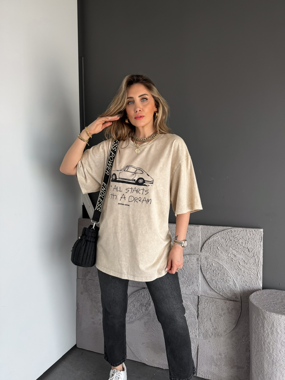 Krem Starts Arabalı Yıkamalı Tshirt