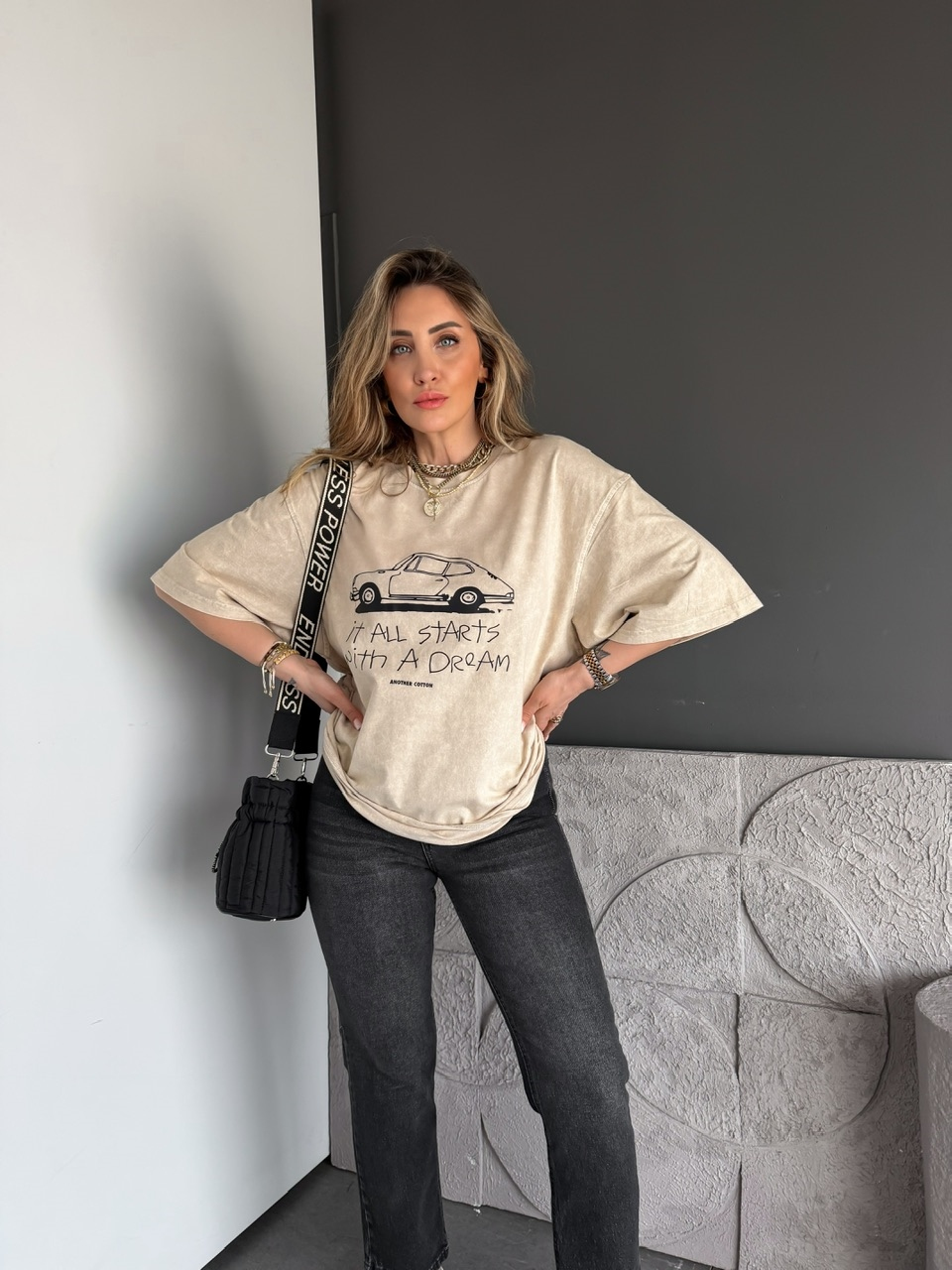 Krem Starts Arabalı Yıkamalı Tshirt