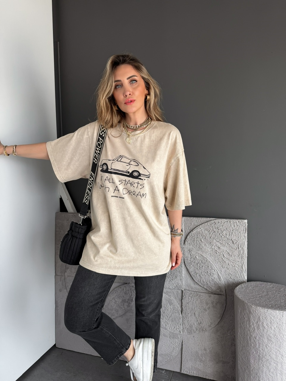 Krem Starts Arabalı Yıkamalı Tshirt