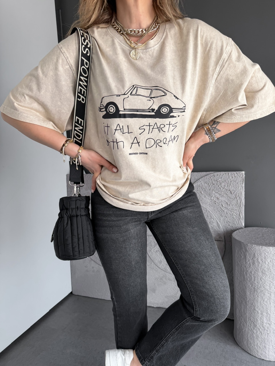 Krem Starts Arabalı Yıkamalı Tshirt