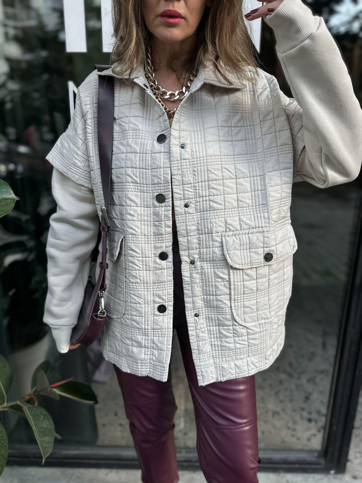 Krem Sweat Detaylı Çıtçıtlı Ceket