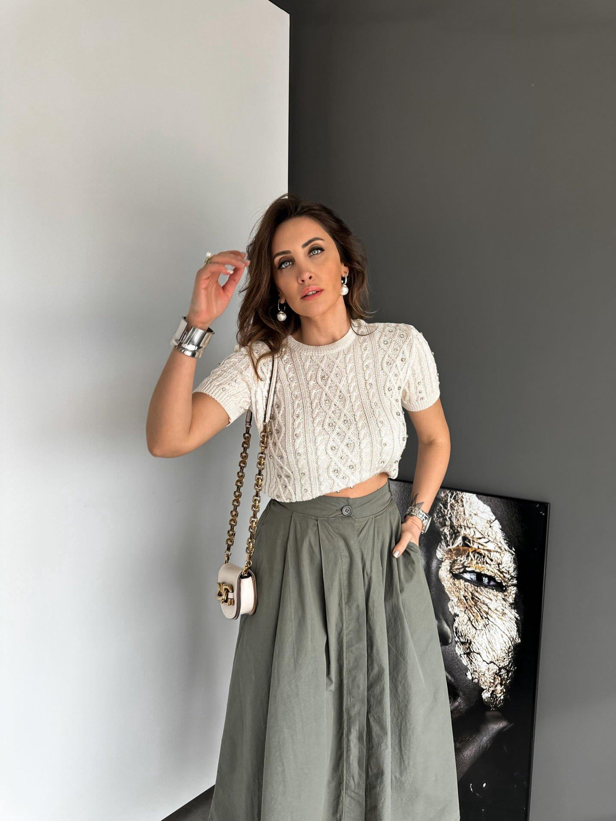 Krem Taşlı Saç Örgülü Bluz