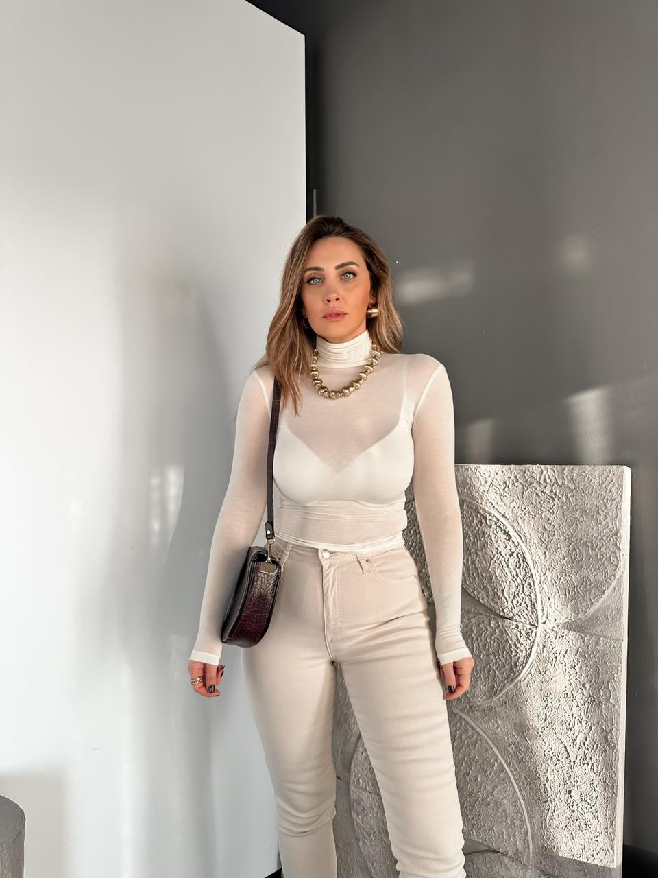 Krem Transparan Likralı Body