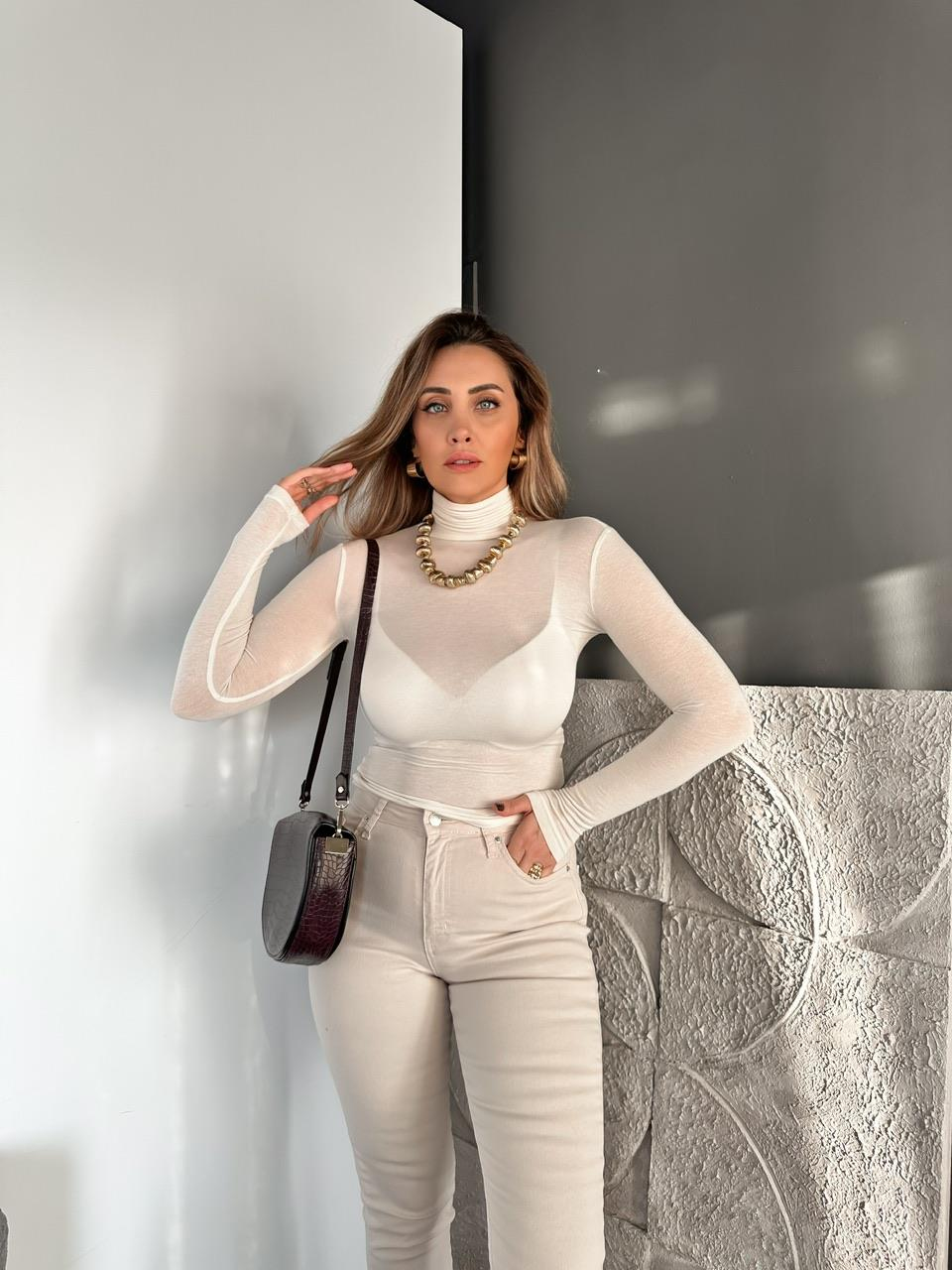 Krem Transparan Likralı Body