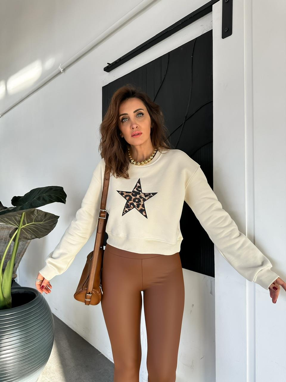 Krem Yıldızlı Crop Sweatshirt