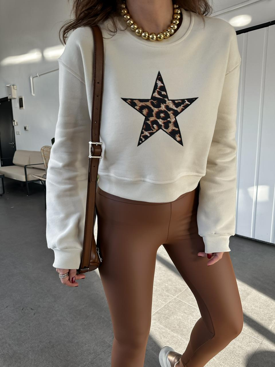 Krem Yıldızlı Crop Sweatshirt