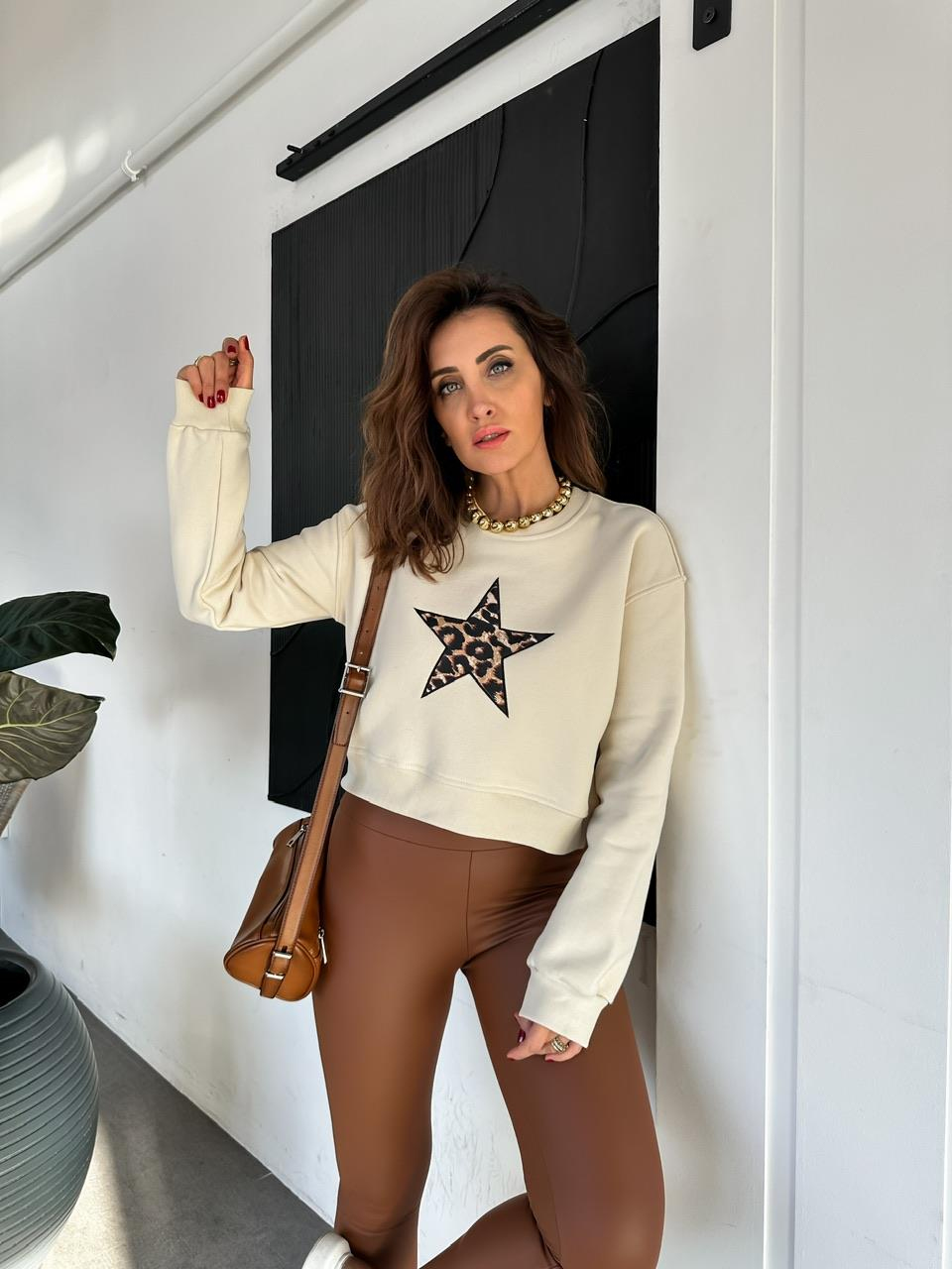Krem Yıldızlı Crop Sweatshirt