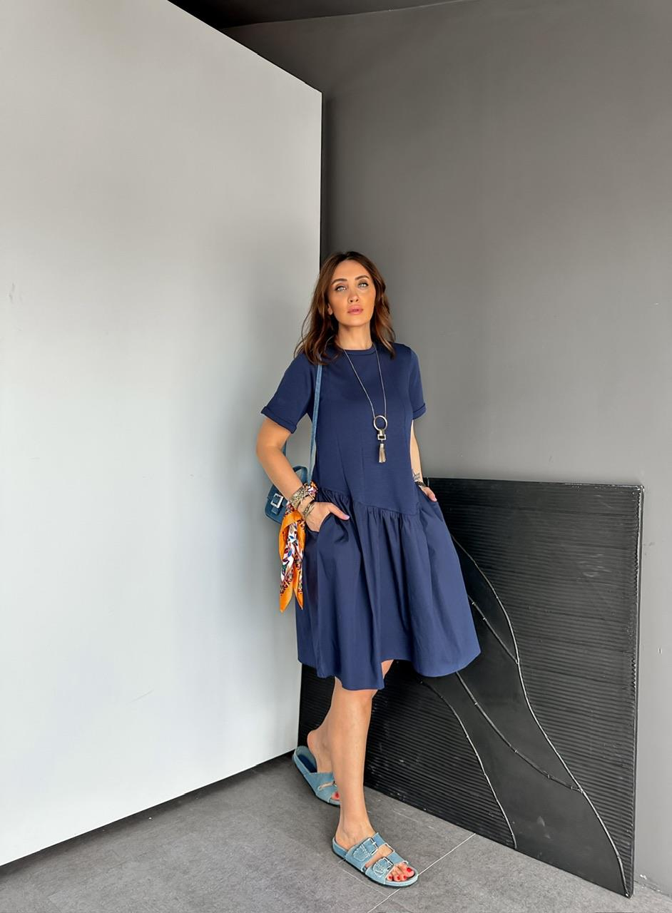 Lacivert Asimetrik Cepli Cotton Elbise