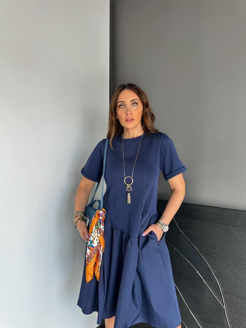 Lacivert Asimetrik Cepli Cotton Elbise
