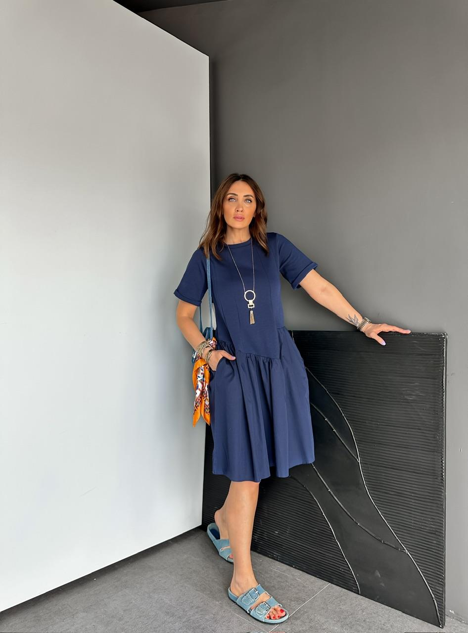 Lacivert Asimetrik Cepli Cotton Elbise
