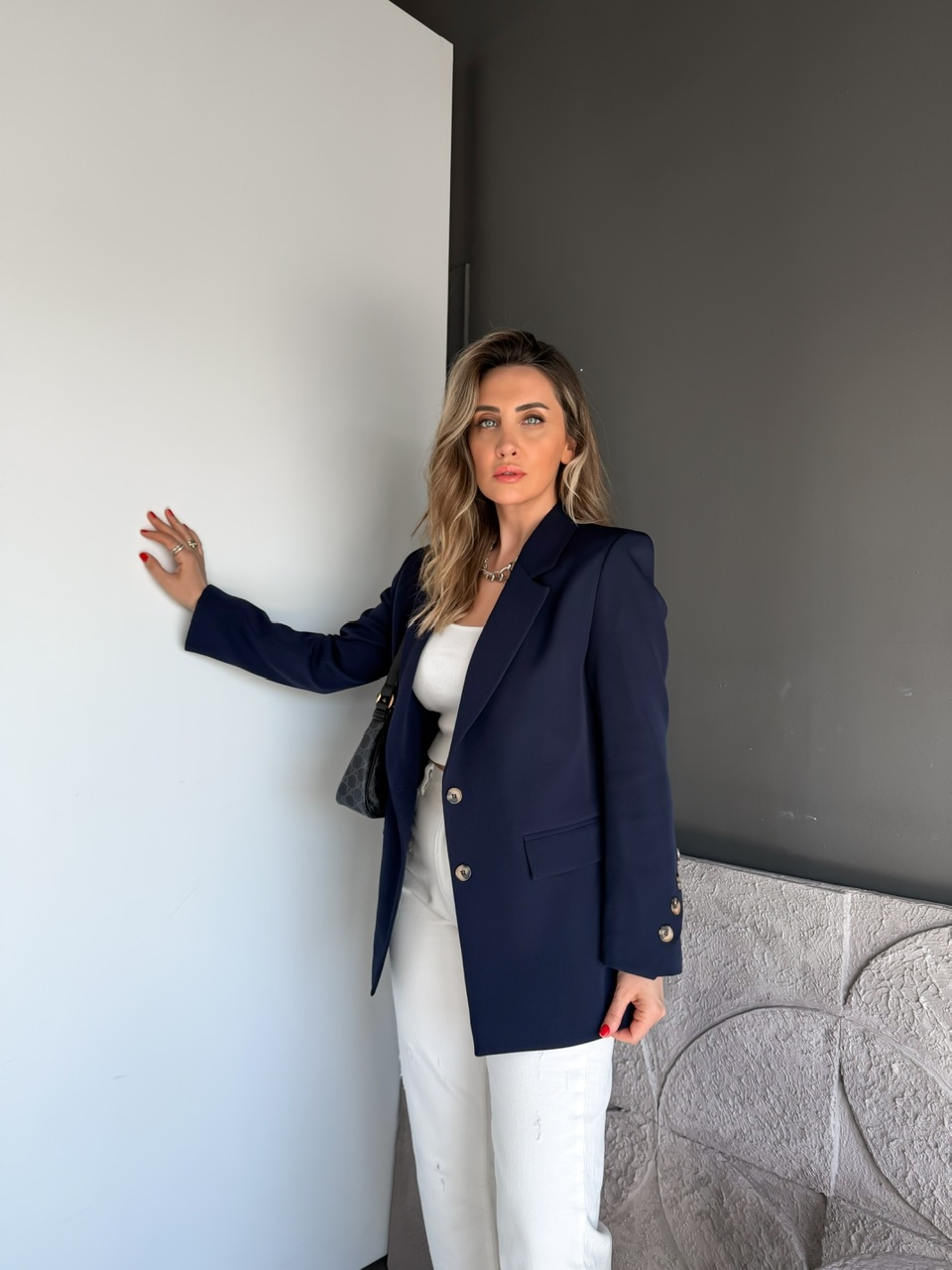 Lacivert Asimetrik Düğmeli Blazer Ceket