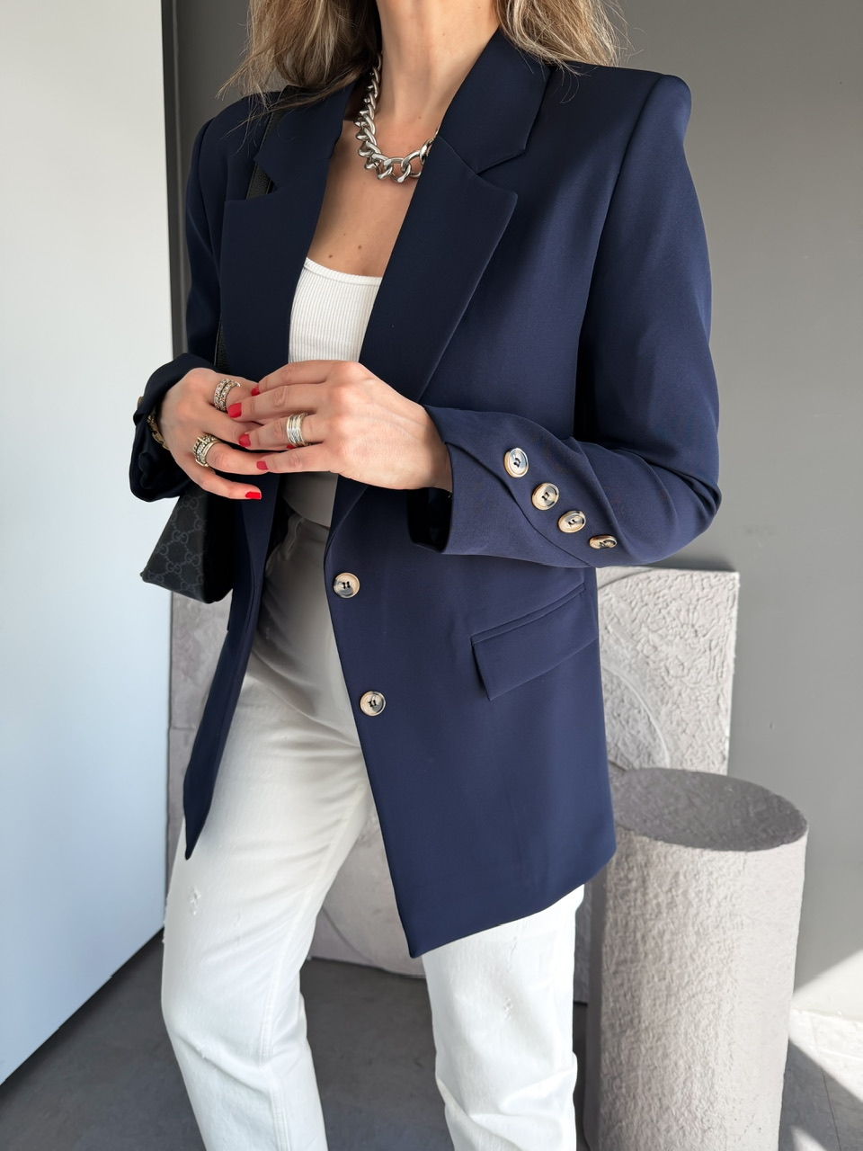 Lacivert Asimetrik Düğmeli Blazer Ceket