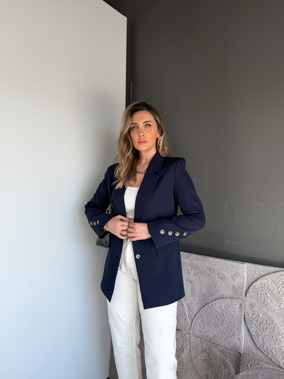 Lacivert Asimetrik Düğmeli Blazer Ceket