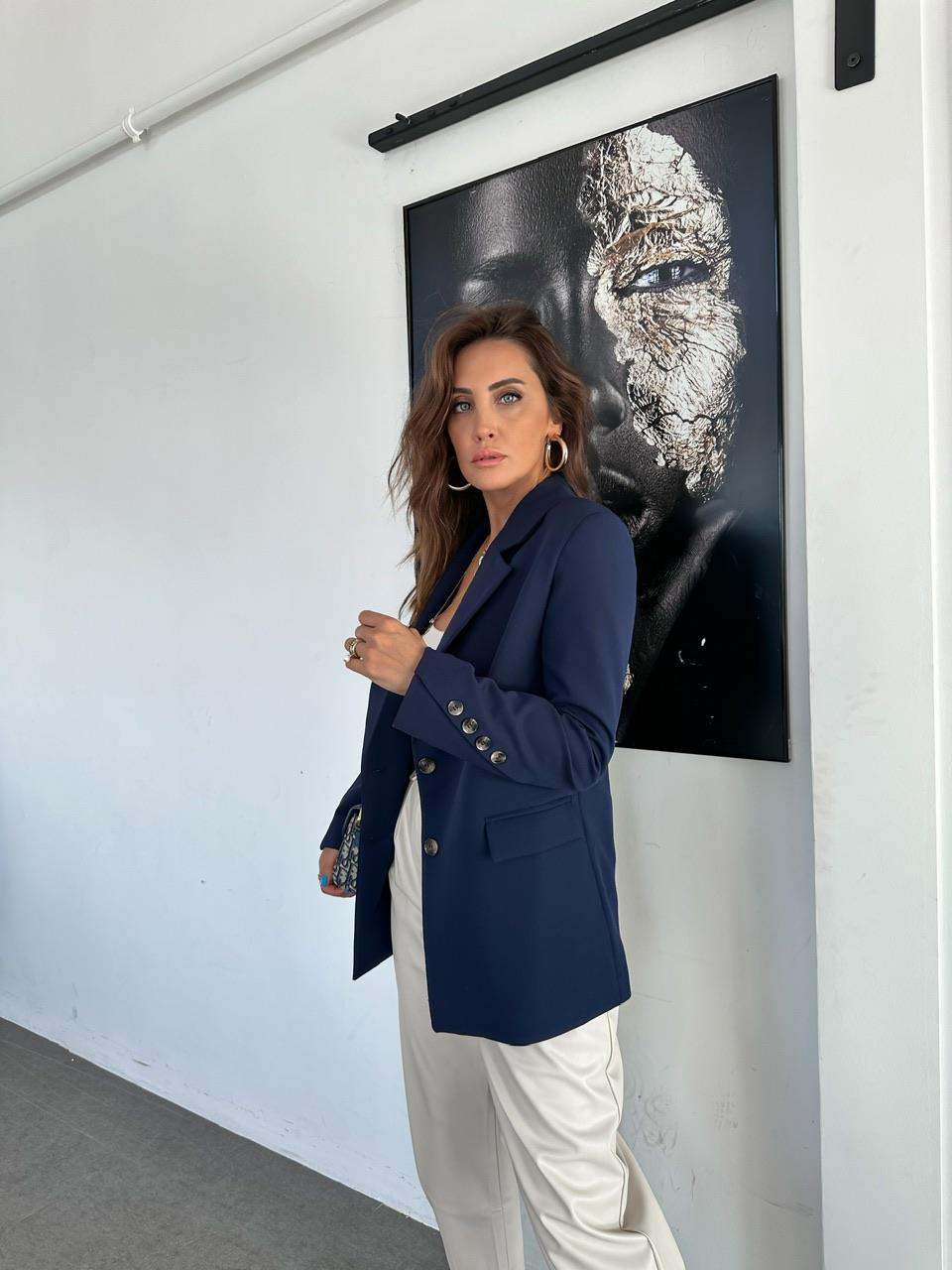 Lacivert  Asimetrik Düğmeli Blazer Ceket