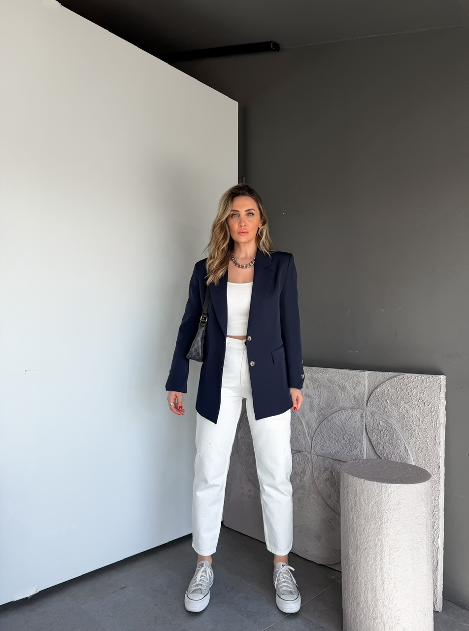 Lacivert Asimetrik Düğmeli Blazer Ceket