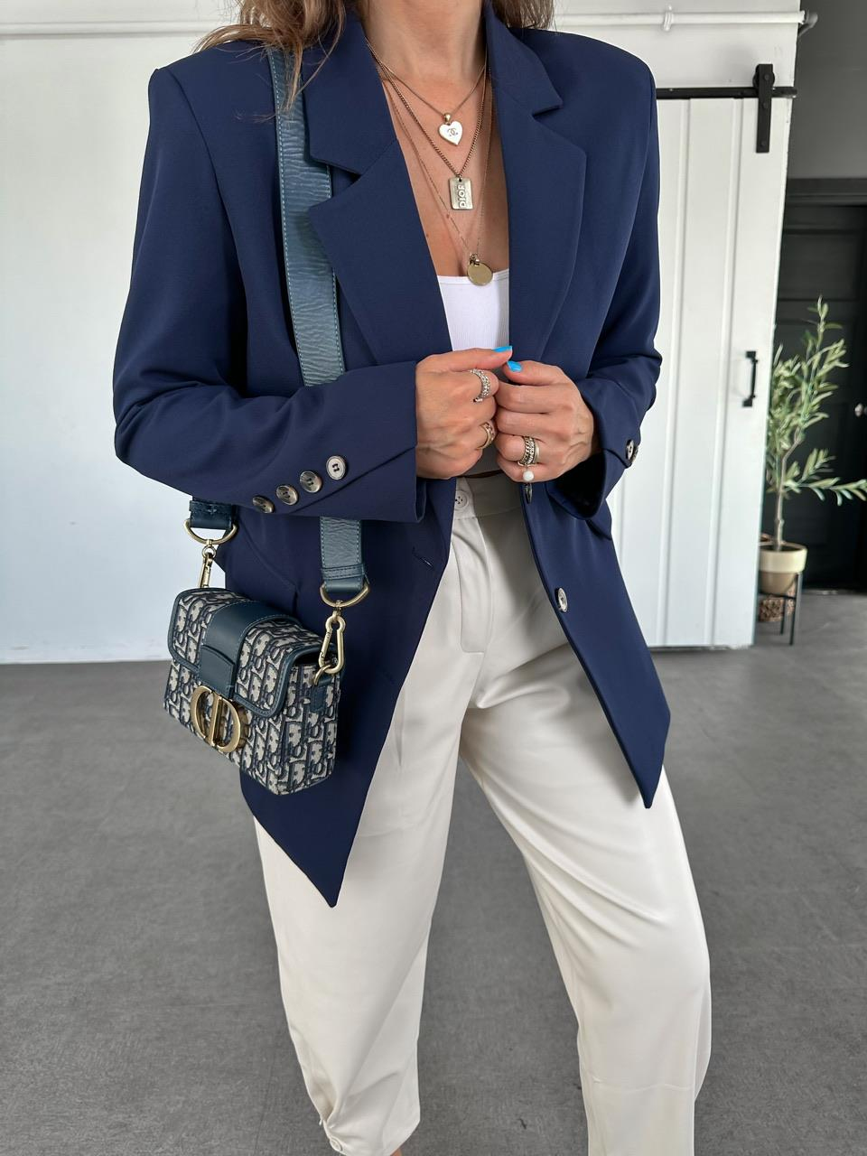 Lacivert  Asimetrik Düğmeli Blazer Ceket