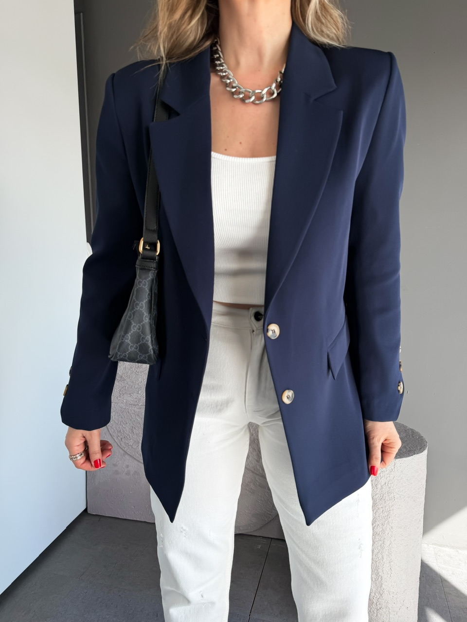 Lacivert Asimetrik Düğmeli Blazer Ceket