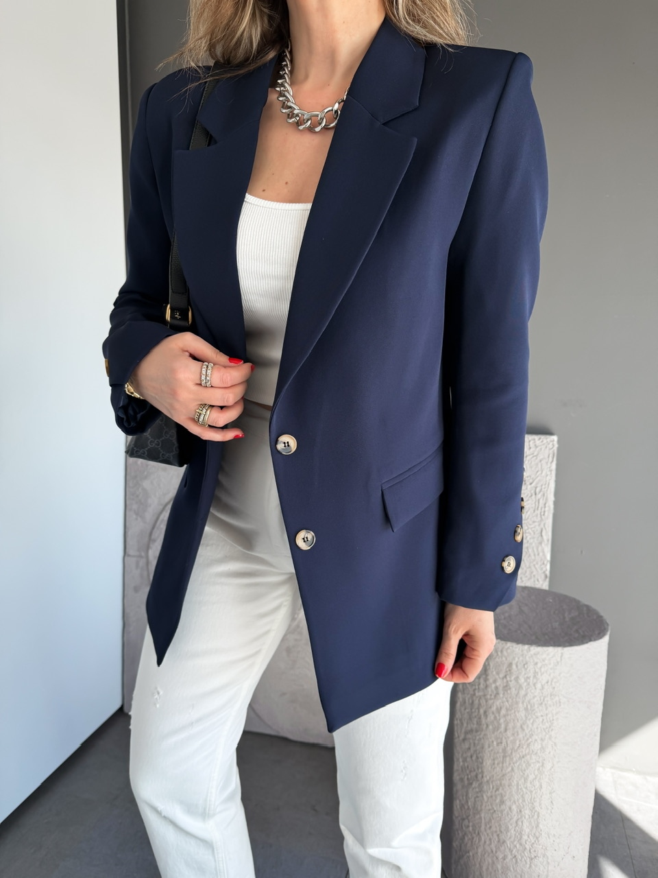 Lacivert Asimetrik Düğmeli Blazer Ceket