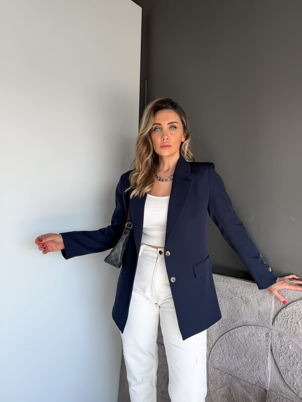 Lacivert Asimetrik Düğmeli Blazer Ceket
