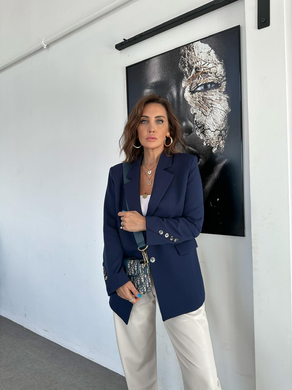Lacivert  Asimetrik Düğmeli Blazer Ceket