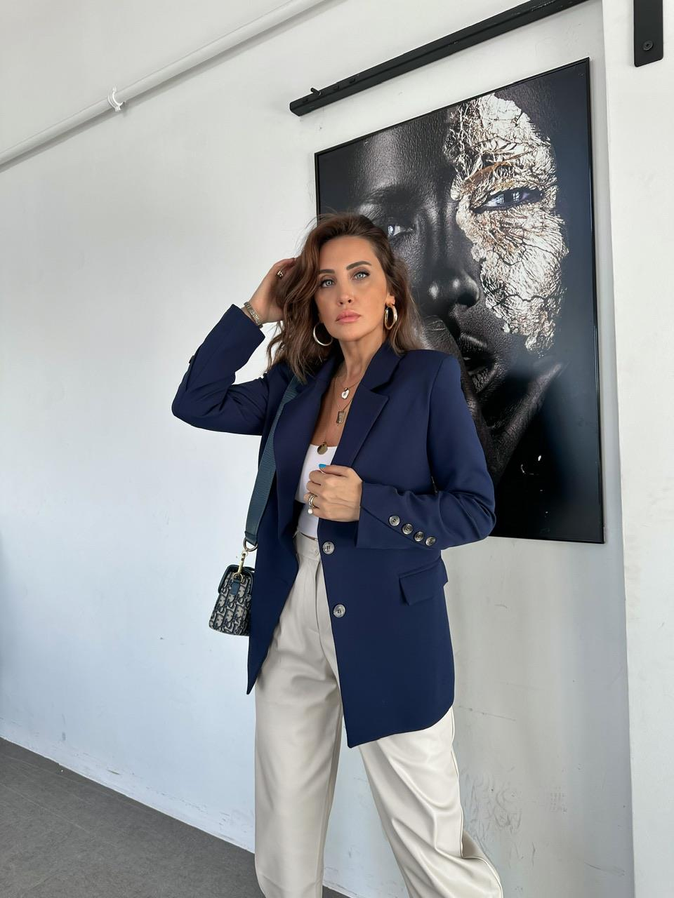 Lacivert  Asimetrik Düğmeli Blazer Ceket