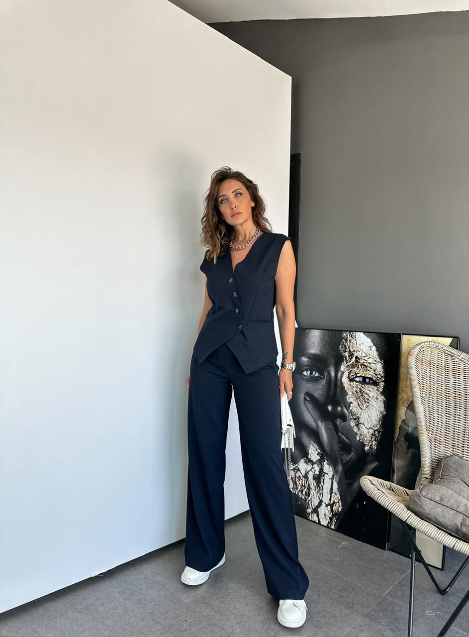 Lacivert  Asimetrik Yelekli Takım