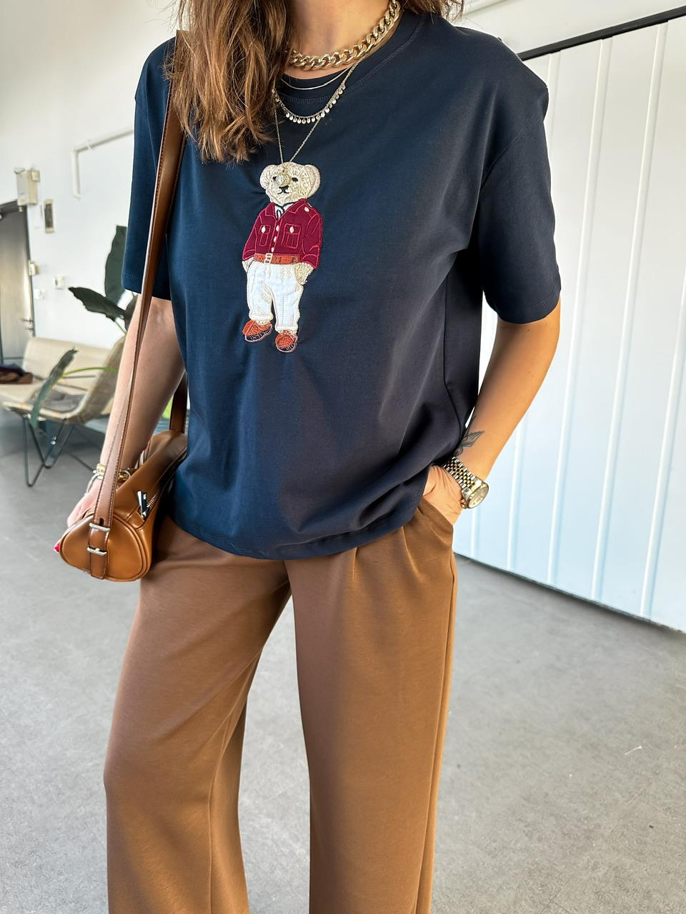 Lacivert Ayıcık Figürlü Cotton Tshirt