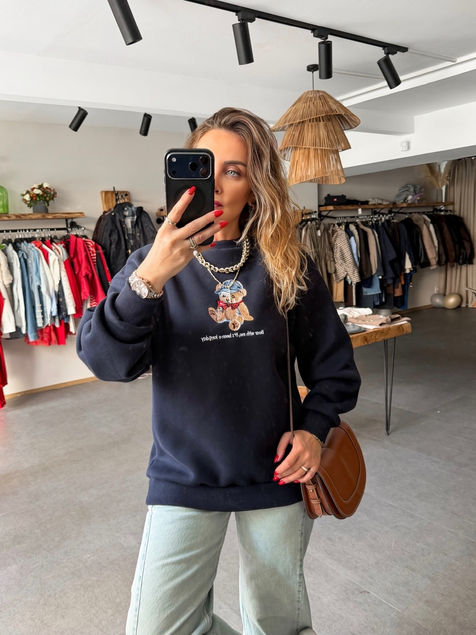 Lacivert Ayıcık Figürlü Orijinal Sweatshirt