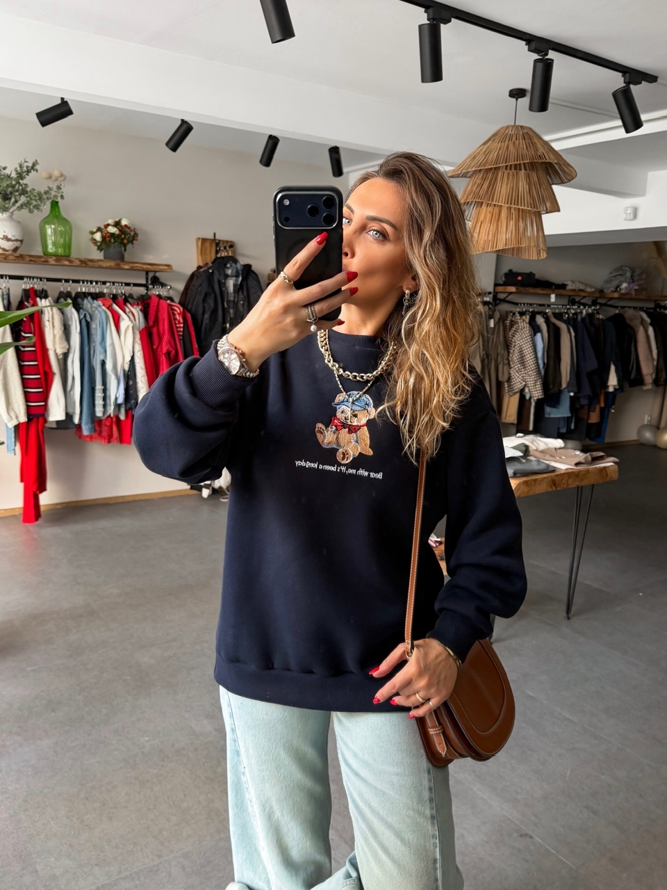 Lacivert Ayıcık Figürlü Orijinal Sweatshirt
