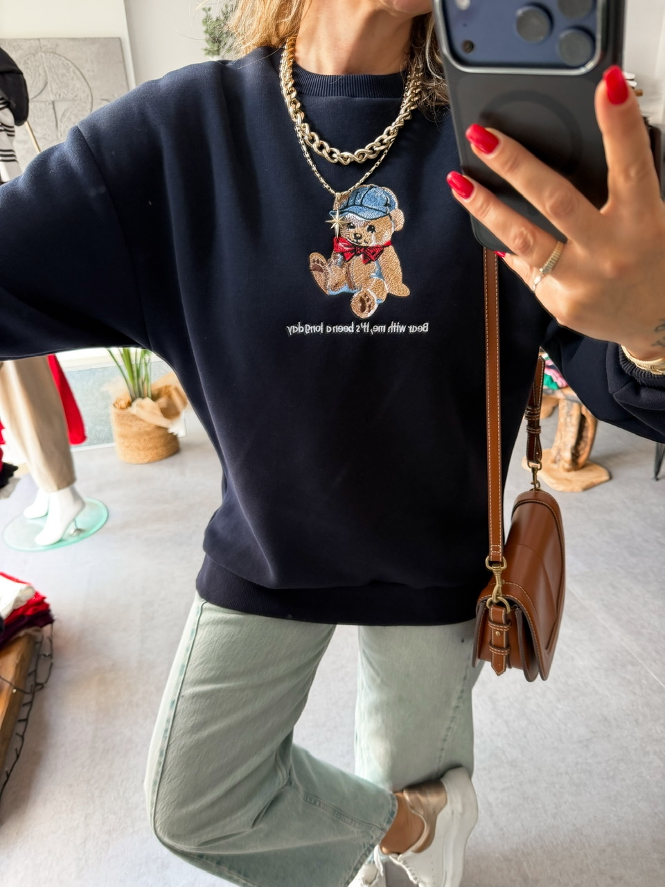 Lacivert Ayıcık Figürlü Orijinal Sweatshirt