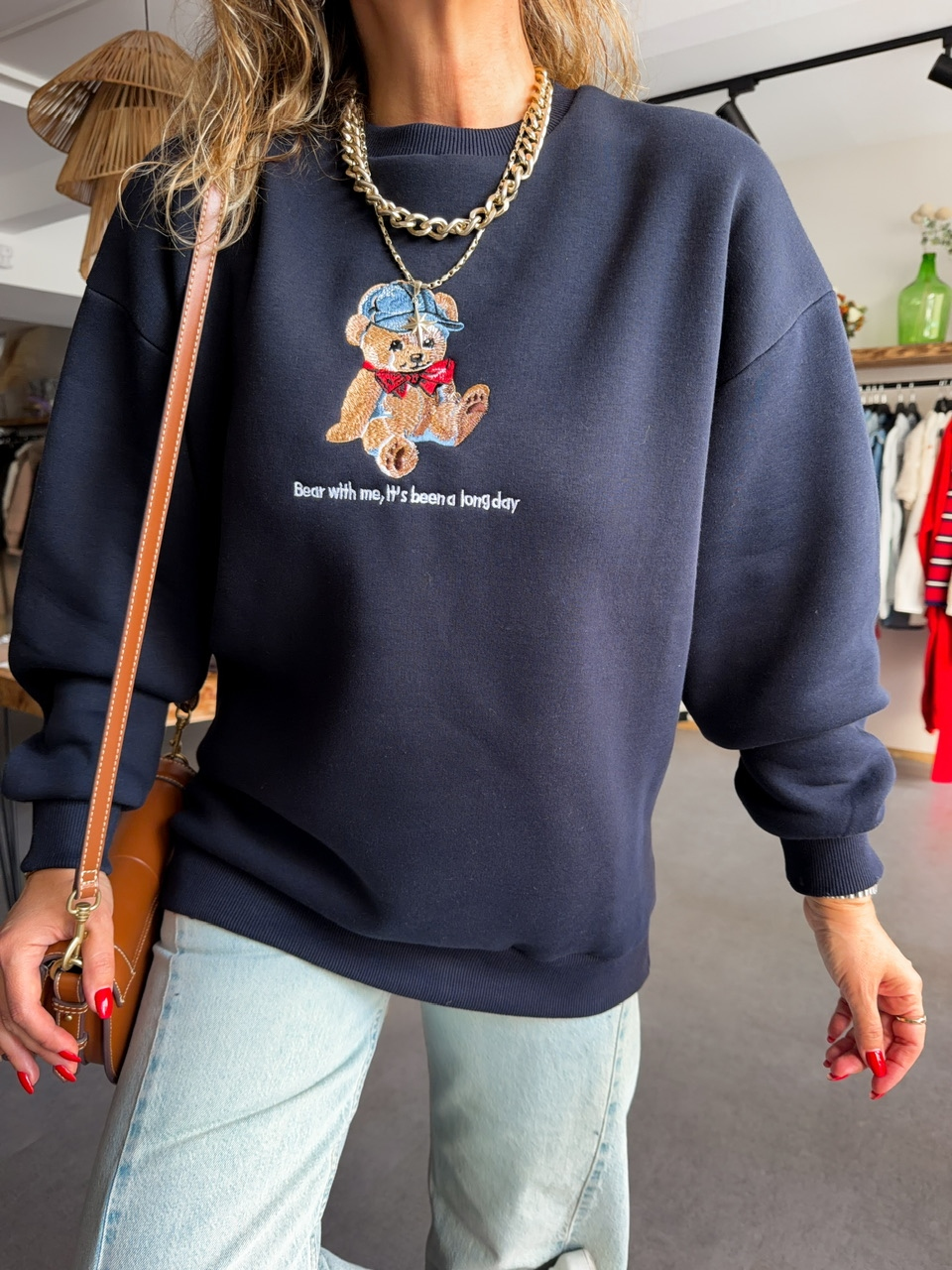 Lacivert Ayıcık Figürlü Orijinal Sweatshirt