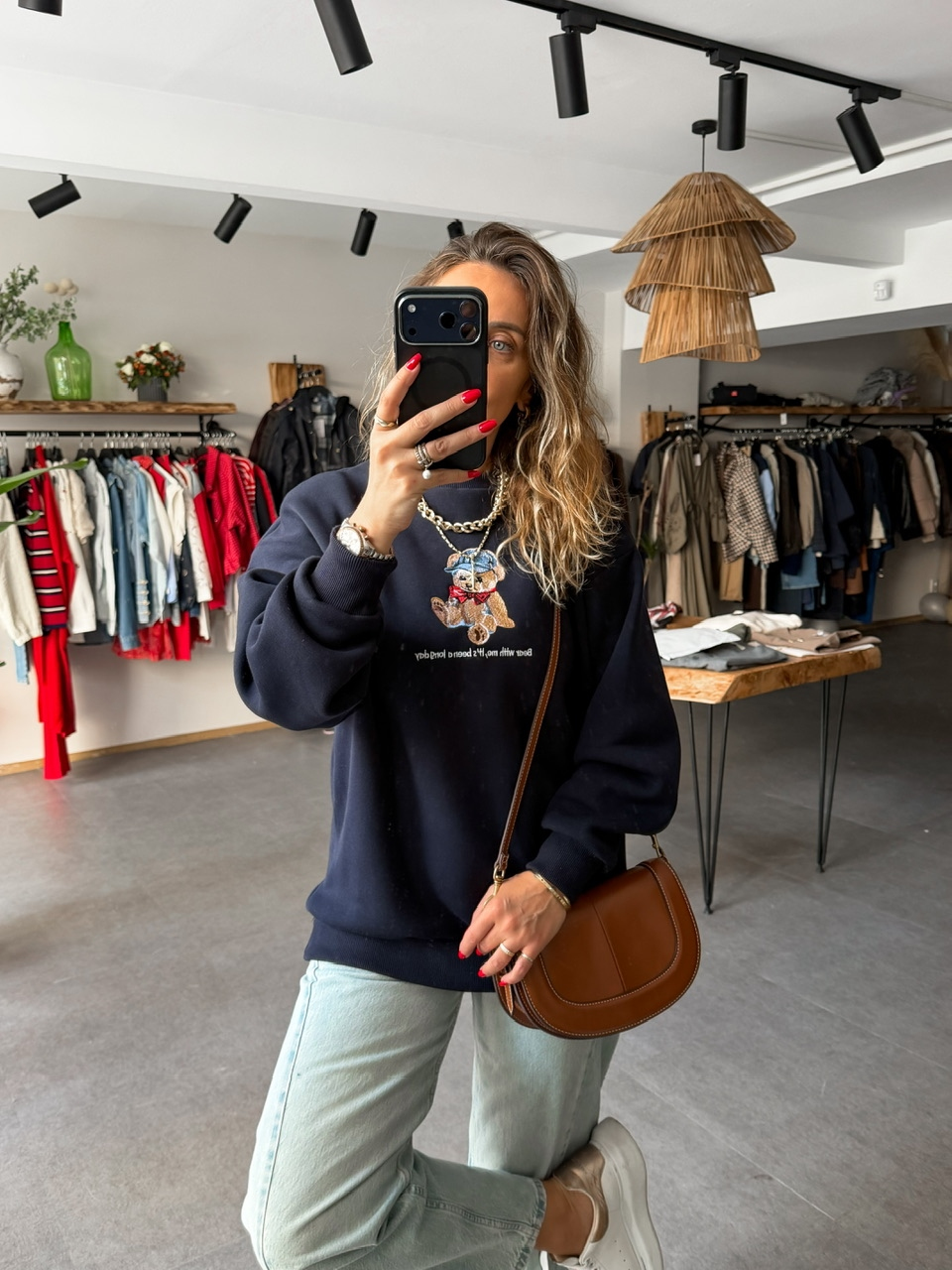 Lacivert Ayıcık Figürlü Orijinal Sweatshirt