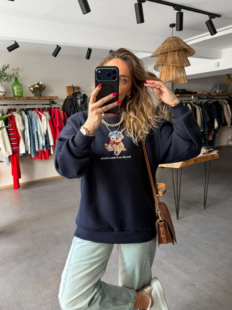 Lacivert Ayıcık Figürlü Orijinal Sweatshirt