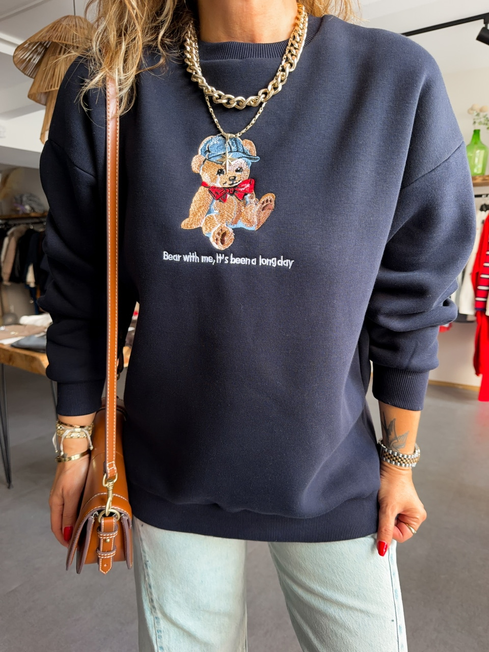 Lacivert Ayıcık Figürlü Orijinal Sweatshirt