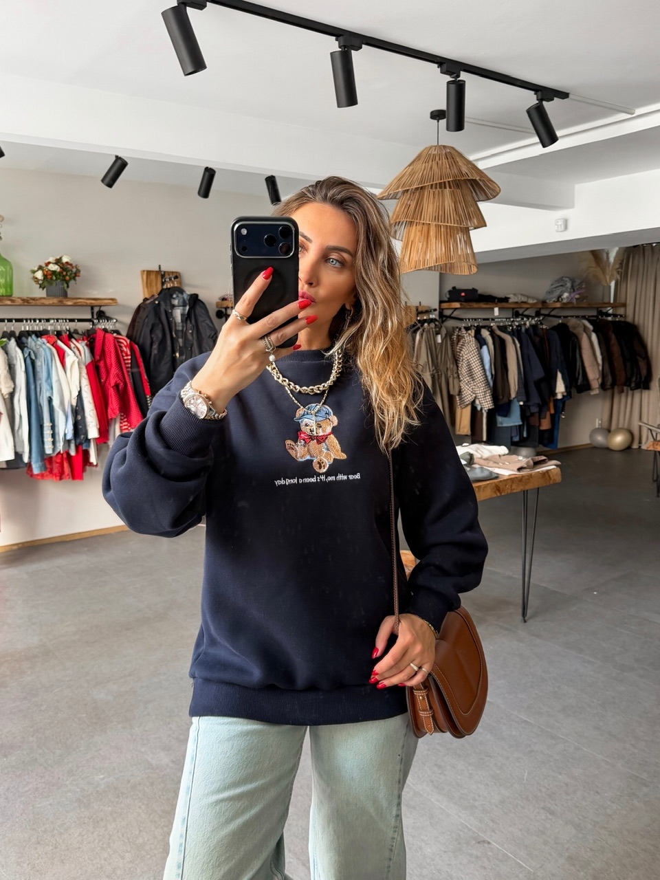 Lacivert Ayıcık Figürlü Orijinal Sweatshirt
