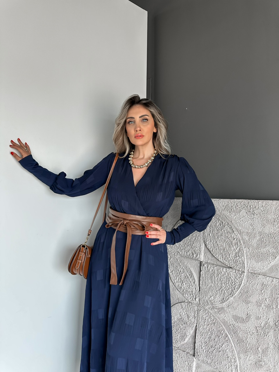 Lacivert Beli Deri Kemerli Şifon Elbise